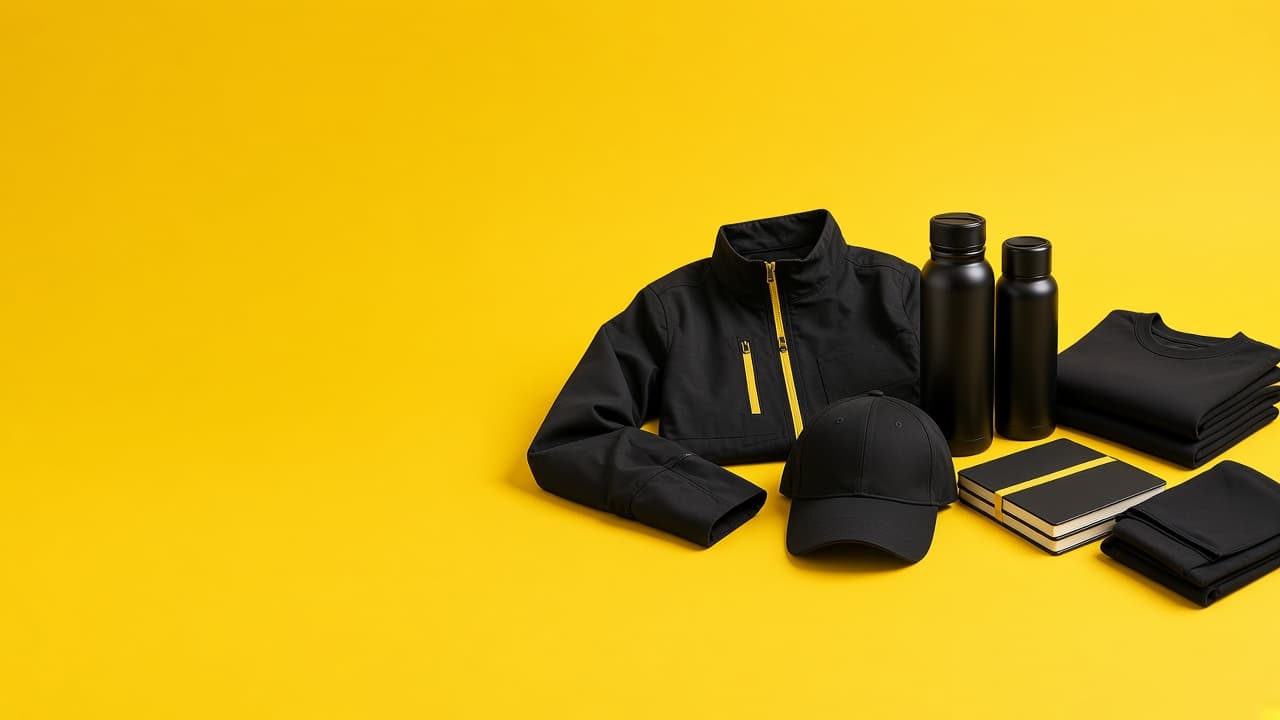 Chaqueta, gorra, botellas y material de marca listos para un pedido de empresa
