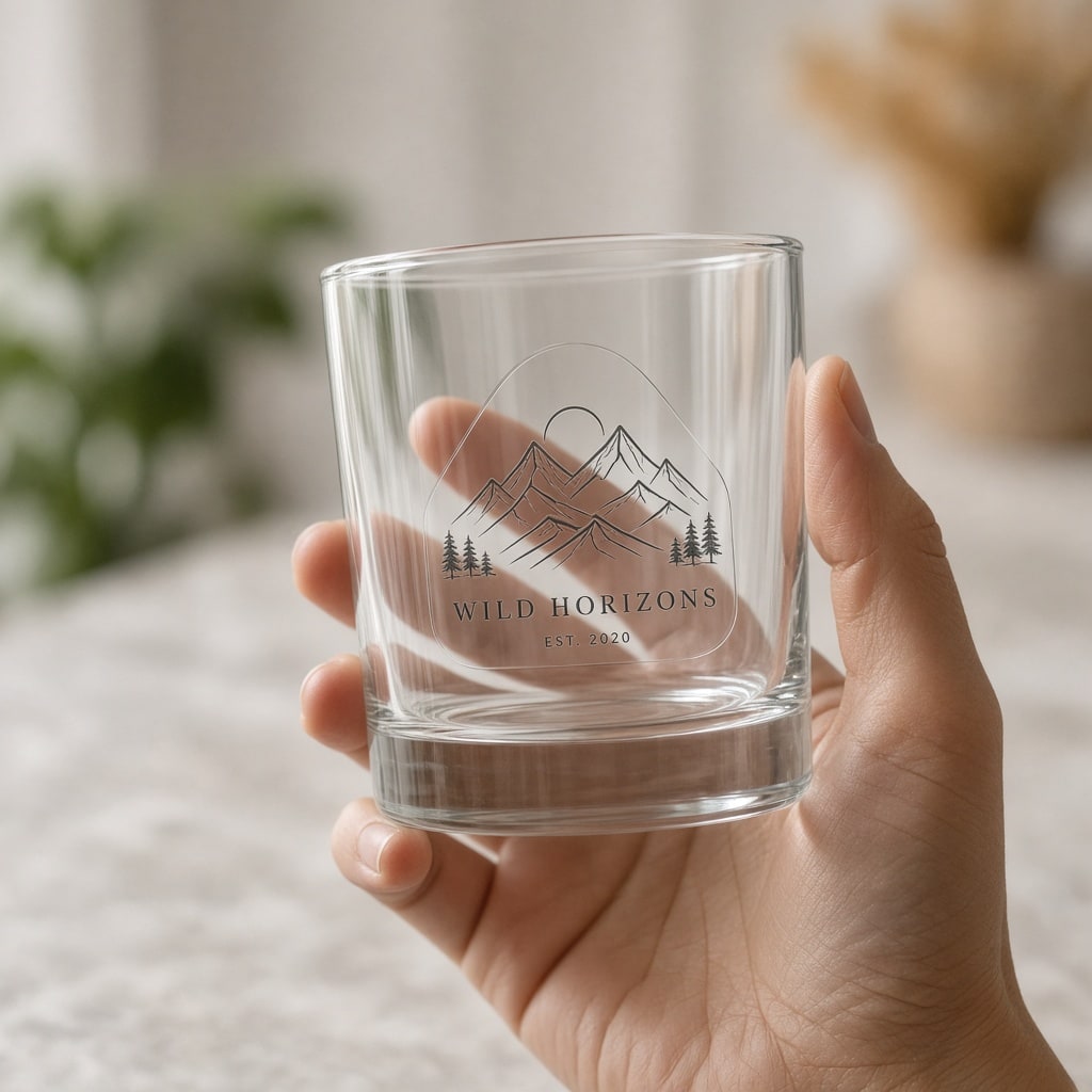 Pegatina transparente sobre un vaso de cristal