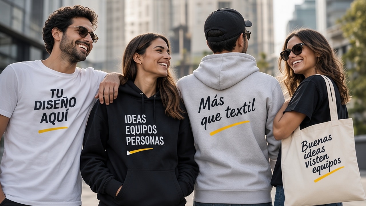 Cuatro personas con camisetas, sudaderas, gorra y tote personalizados