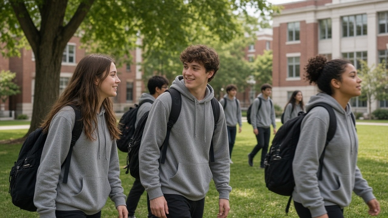 Alumnado con sudaderas grises personalizadas en un campus