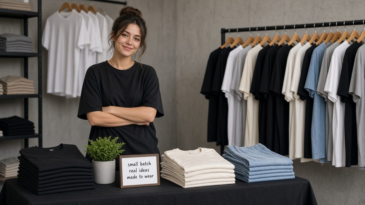 Estudio de creador con camisetas, sudaderas y merchandising de marca