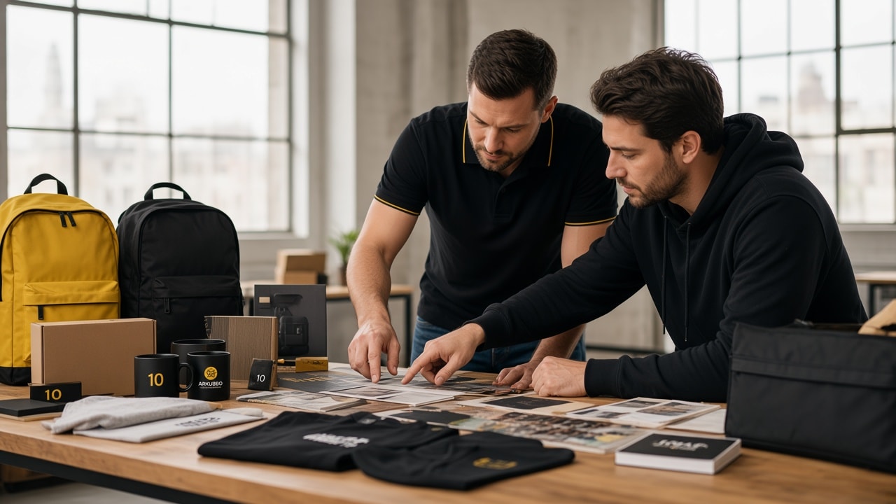 Mesa de trabajo de diseño gráfico con piezas de marca