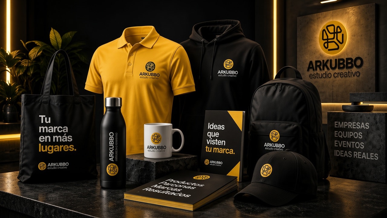 Composición de productos personalizados Arkubbo: polo, sudadera, tote, botella, taza, gorra y merchandising