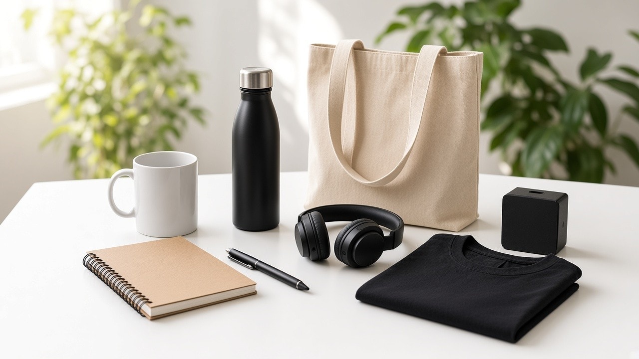 Merchandising personalizado corporativo sobre mesa