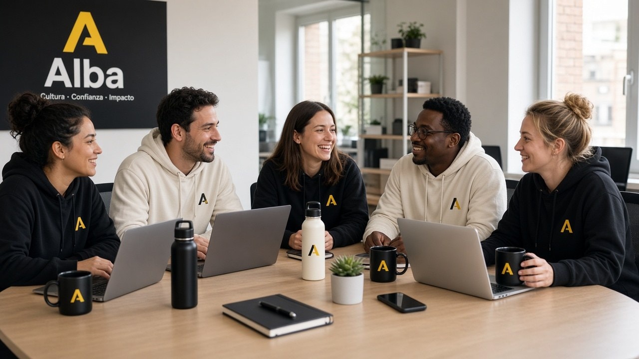 Equipo de oficina con sudaderas, tazas y botellas personalizadas