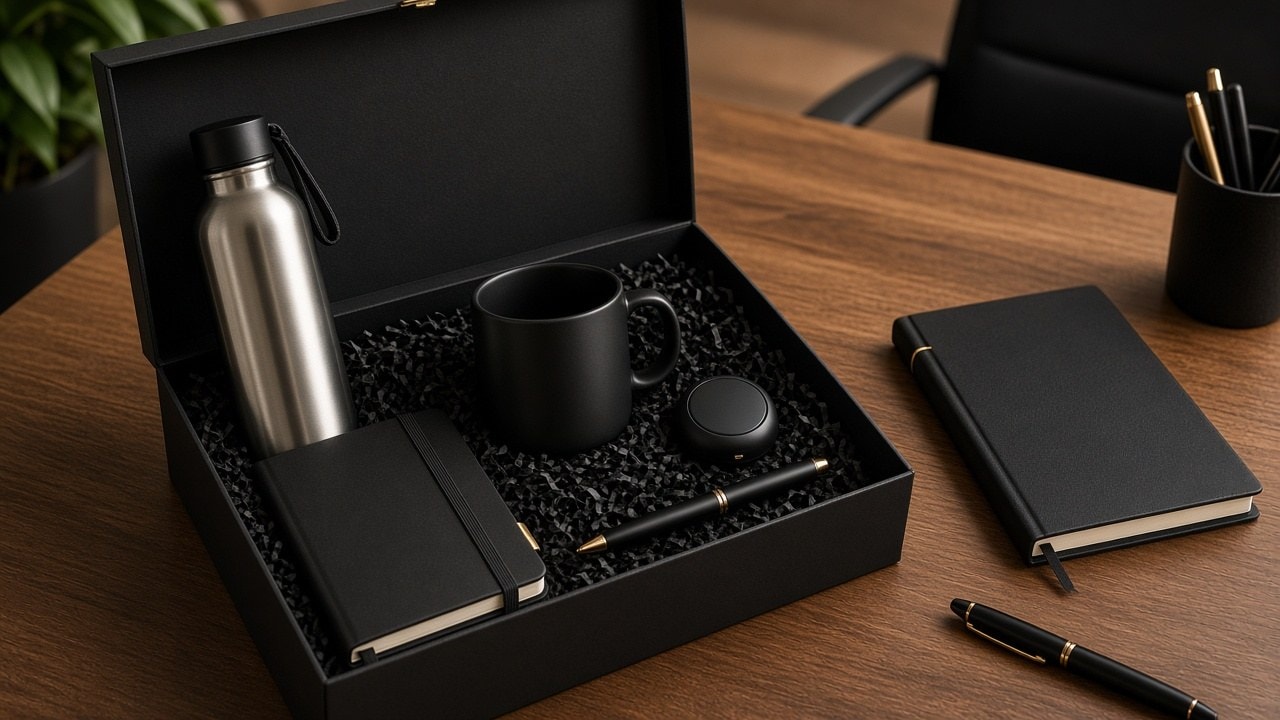 Caja premium de regalos corporativos con botella, taza y libreta