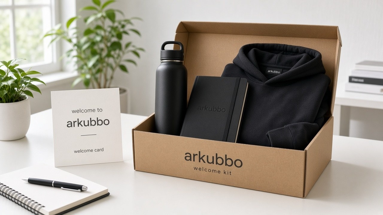 Kit de bienvenida con caja, botella, libreta y textil