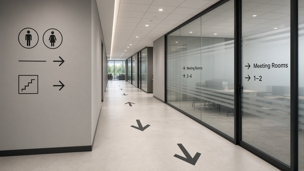 Pasillo de oficina con señalética adhesiva de orientación