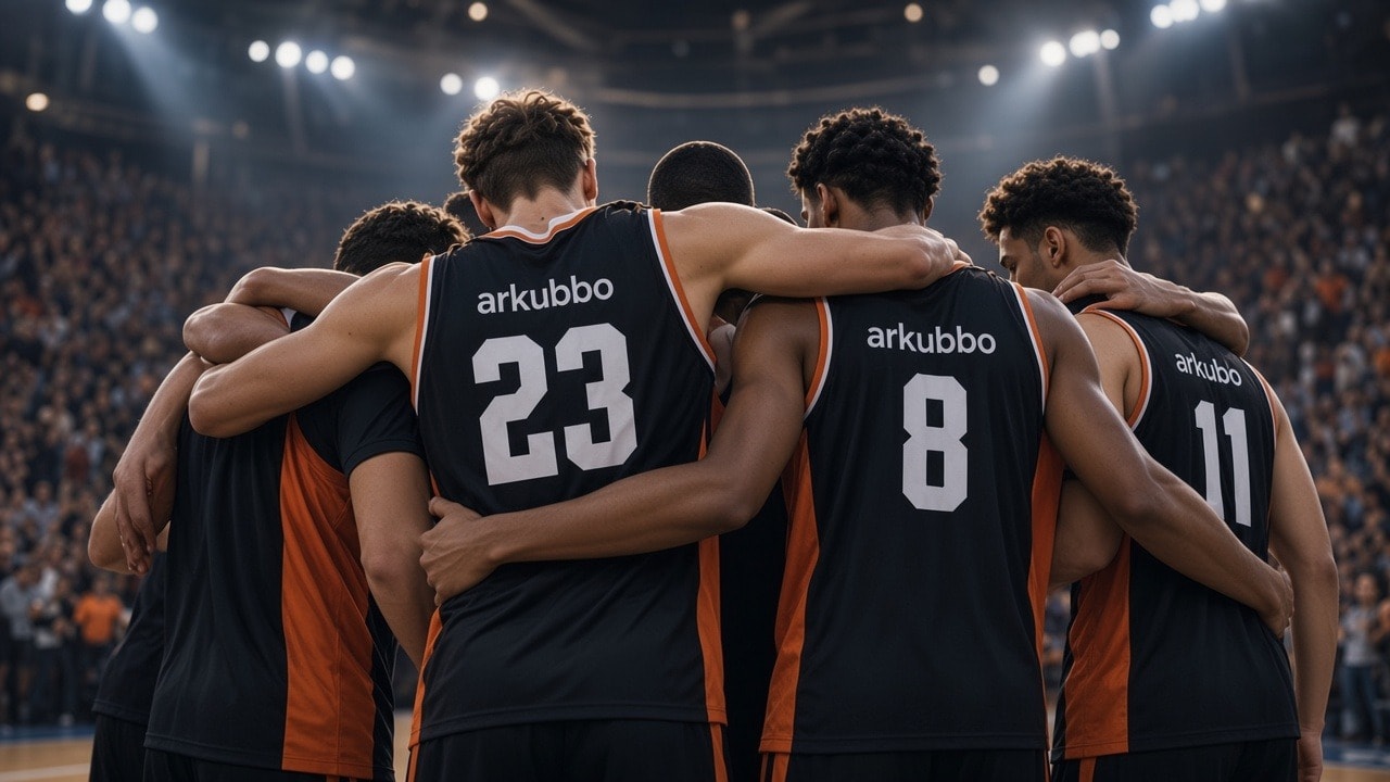 Equipo de baloncesto abrazado con camisetas personalizadas en un pabellón