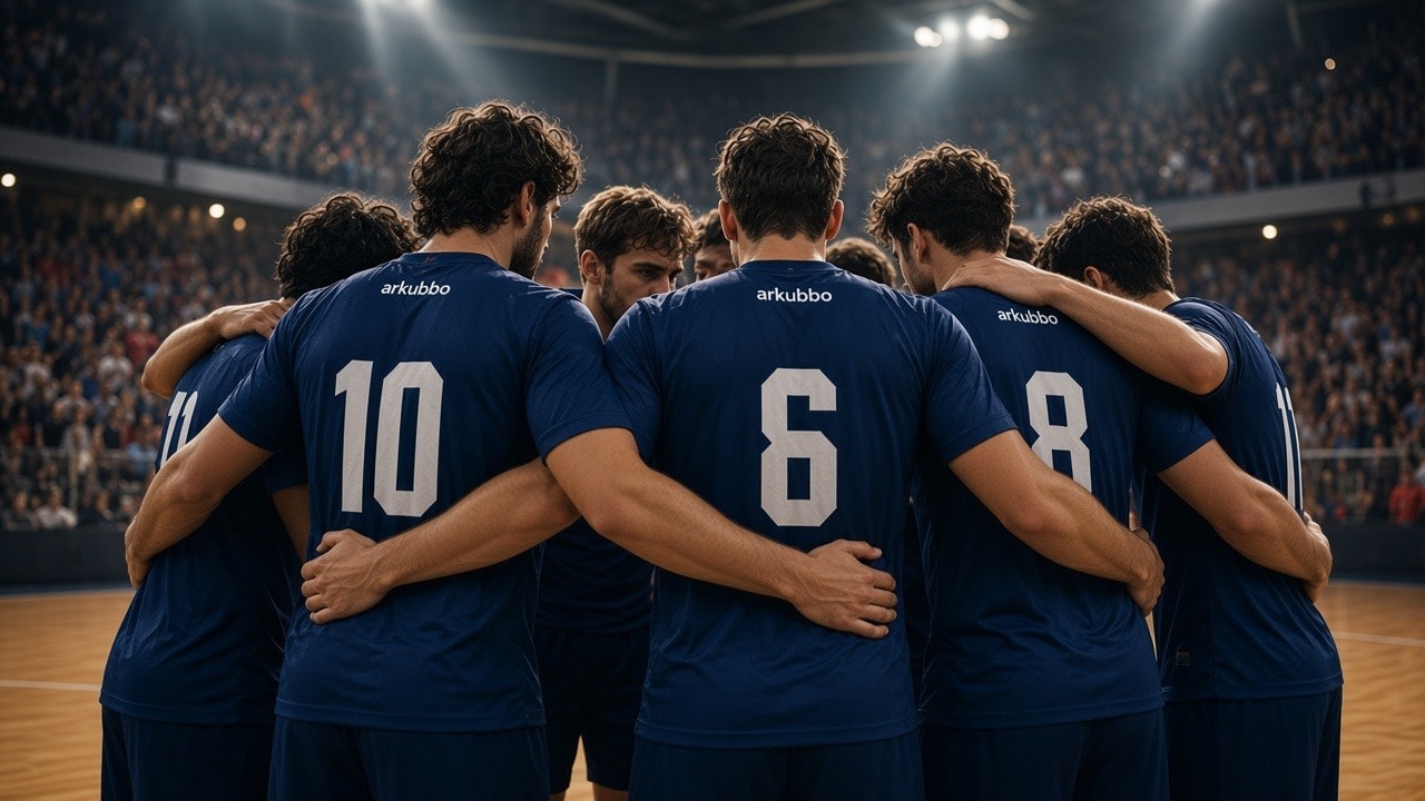 Equipo de balonmano de espaldas con camisetas personalizadas en un pabellón