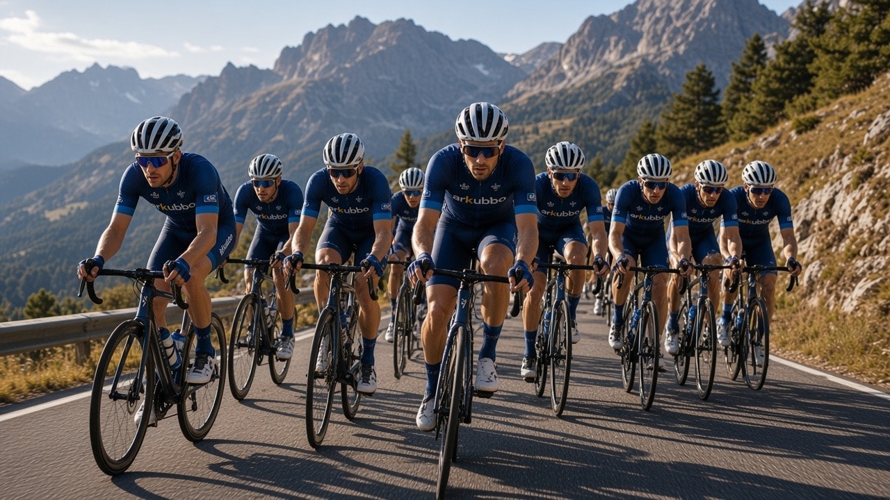 Grupo de ciclistas con maillots personalizados Arkubbo en carretera de montaña