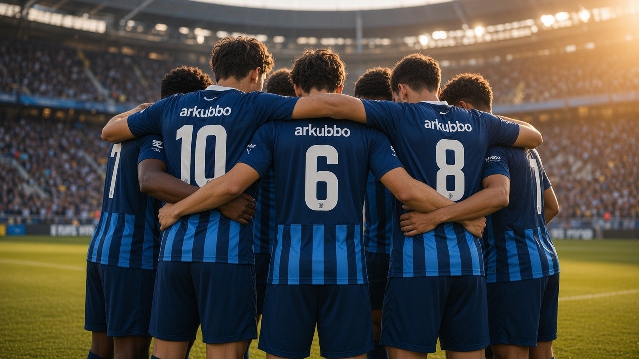 Equipo de fútbol de espaldas con camisetas personalizadas Arkubbo en un estadio