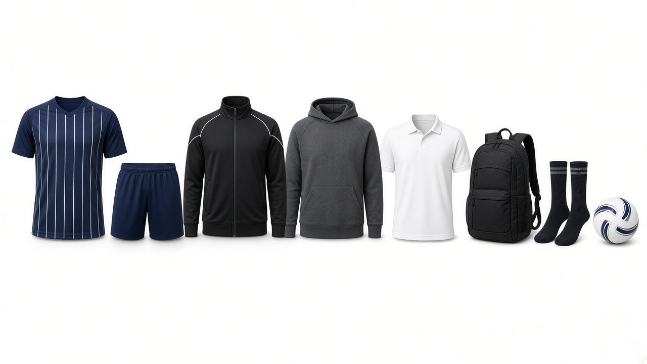 Selección de camiseta, pantalón, chándal, polo, mochila y accesorios de fútbol