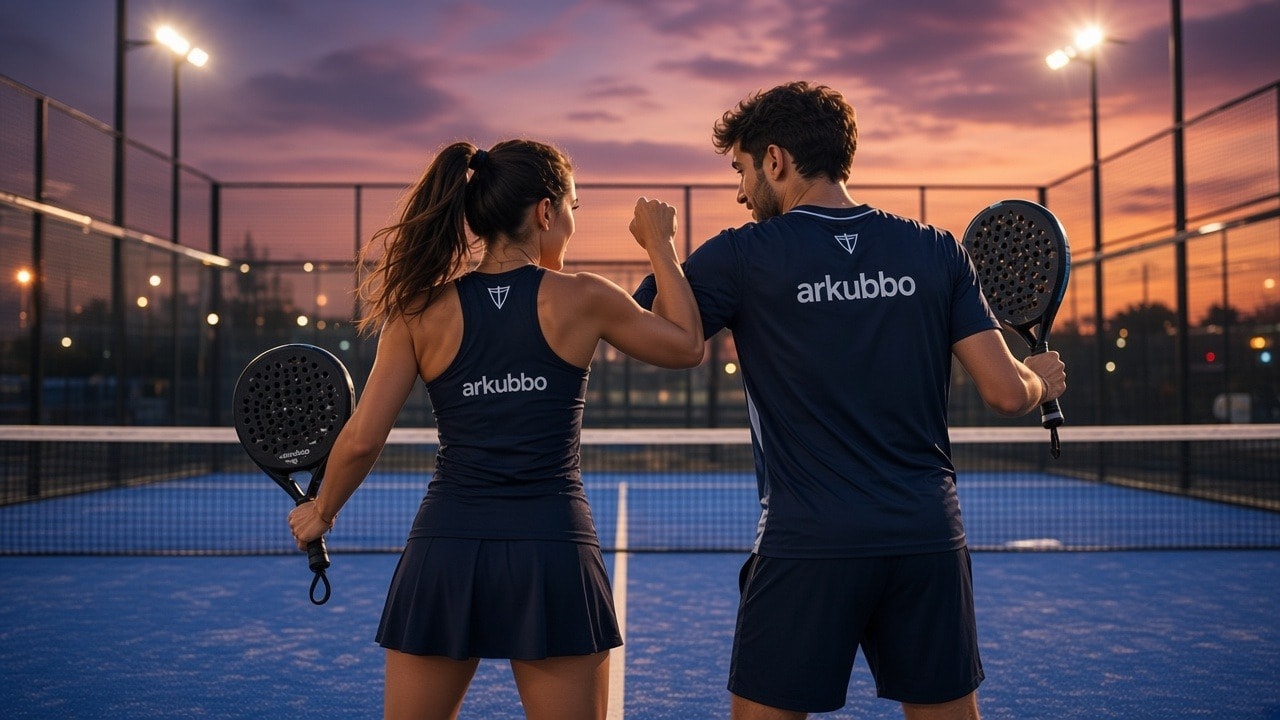 Pareja de pádel con equipación personalizada Arkubbo en una pista