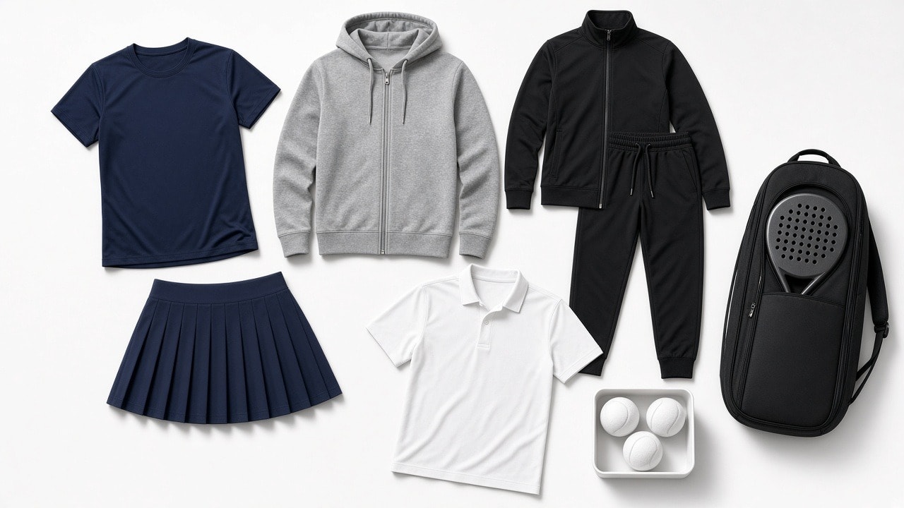 Selección de camiseta, falda, chándal, paletero y accesorios de pádel