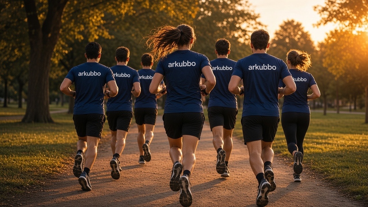Grupo de running con camisetas personalizadas corriendo al atardecer
