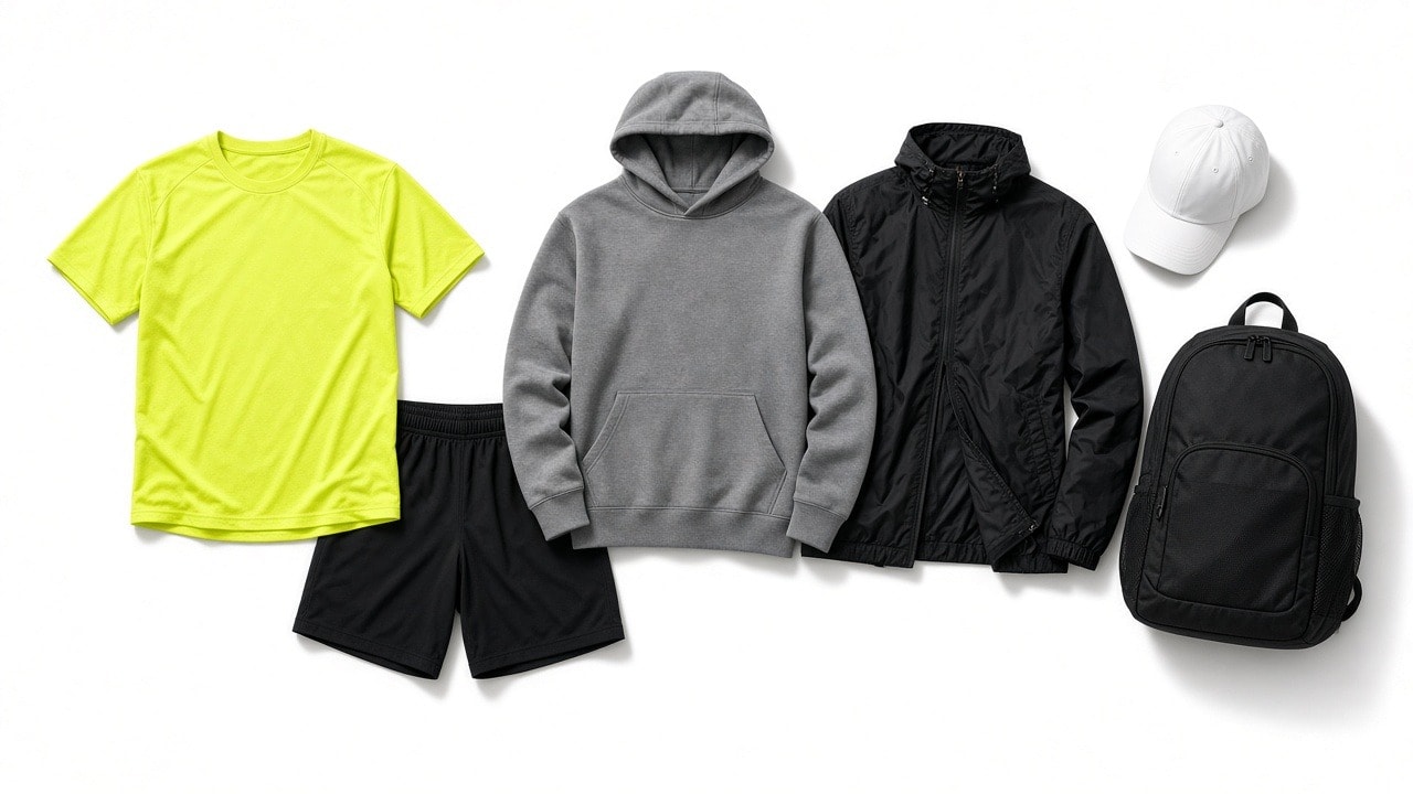 Selección de camiseta técnica, short, sudadera y accesorios de running