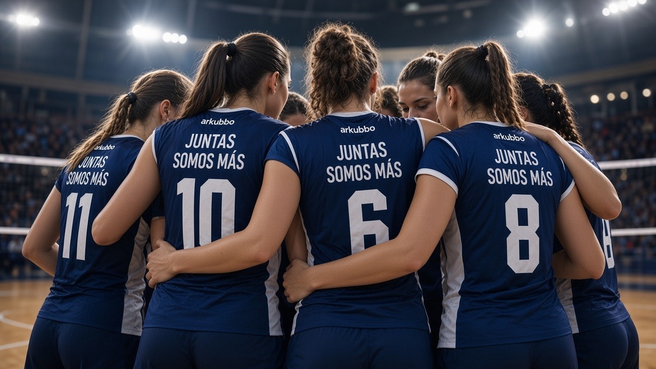 Equipo de voleibol de espaldas con camisetas personalizadas en un pabellón