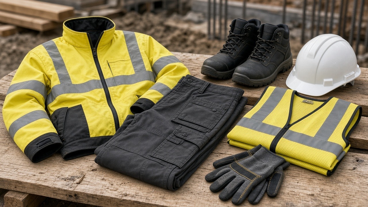 Selección de pantalón, chaqueta de alta visibilidad, calzado y casco para obra