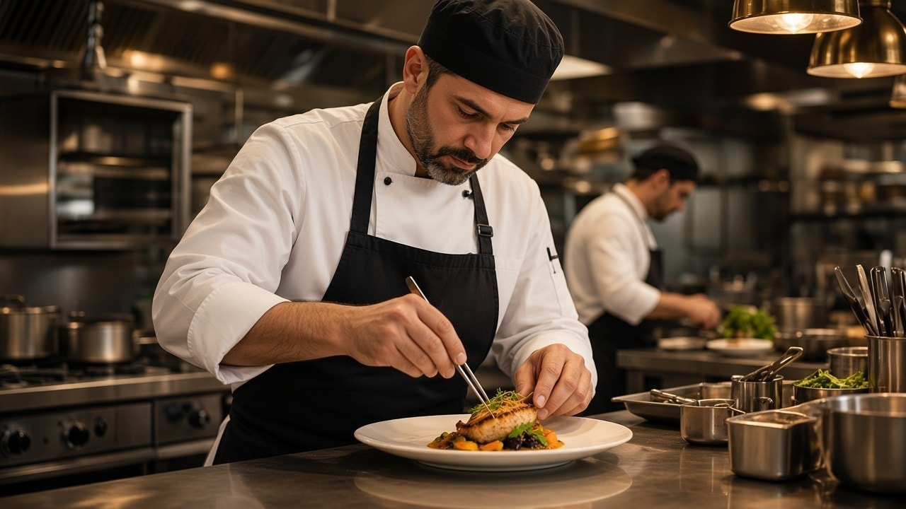 Chef con chaqueta y delantal trabajando en una cocina profesional