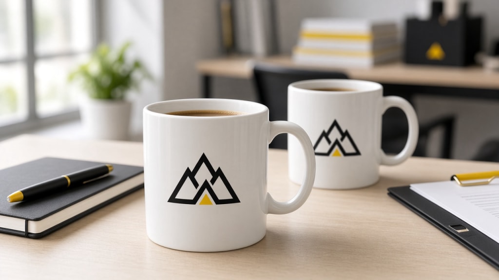 Tazas clásicas personalizadas en mesa de oficina
