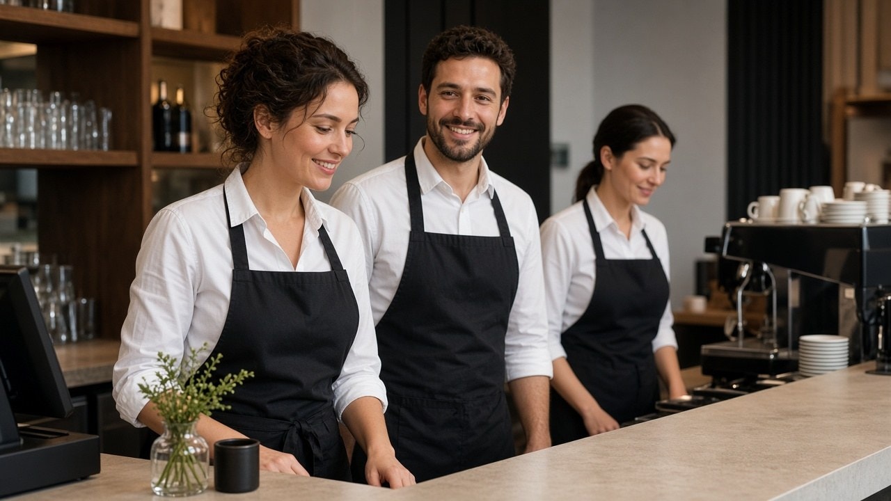 Personal de cafetería con delantales y camisetas personalizadas
