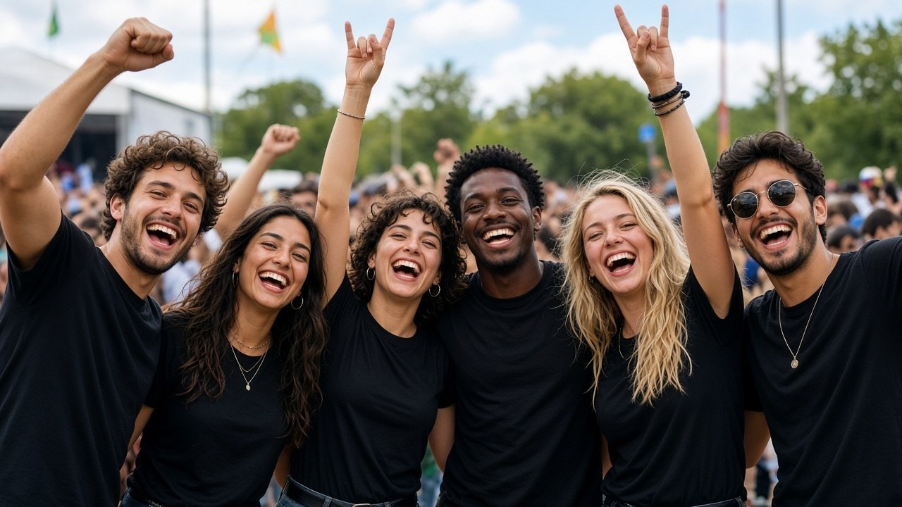 Grupo de amigos con camisetas negras personalizadas celebrando