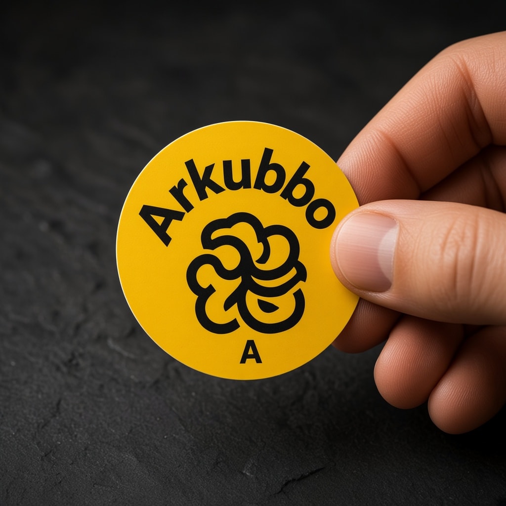 Mano aplicando una pegatina Arkubbo sobre una superficie