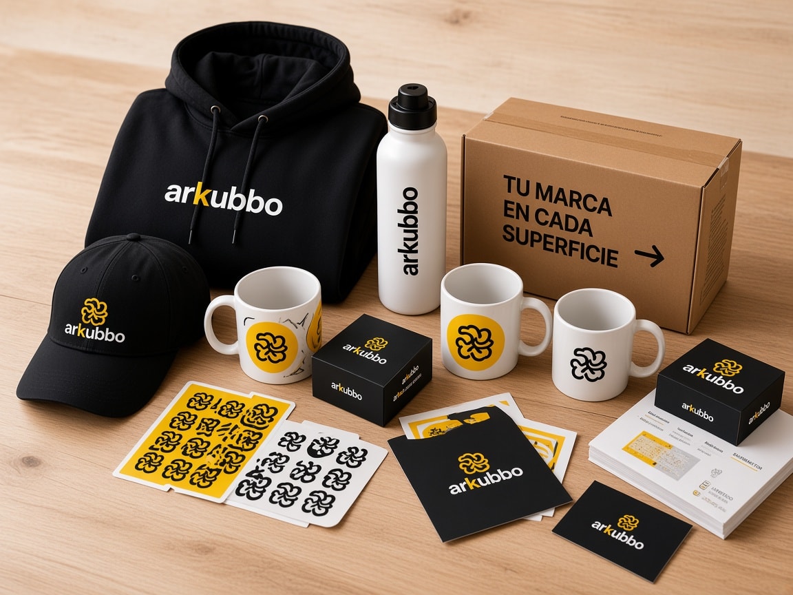 Productos Arkubbo personalizados: sudadera, gorra, botella, tazas, pegatinas y packaging