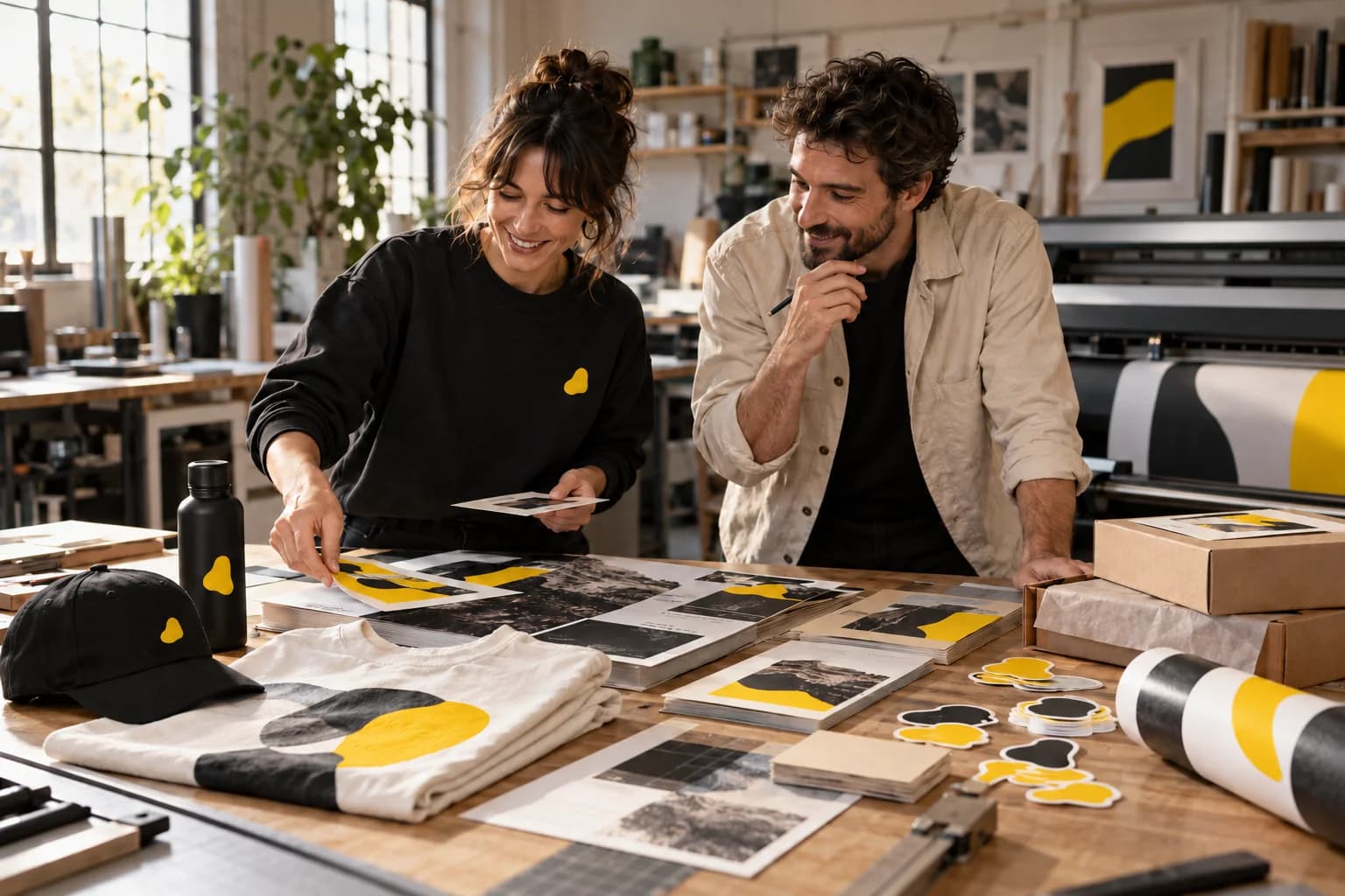 Equipo creativo de Arkubbo trabajando con muestras de impresión, textil y packaging