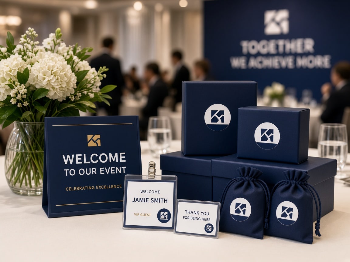 Mesa de evento con pegatinas