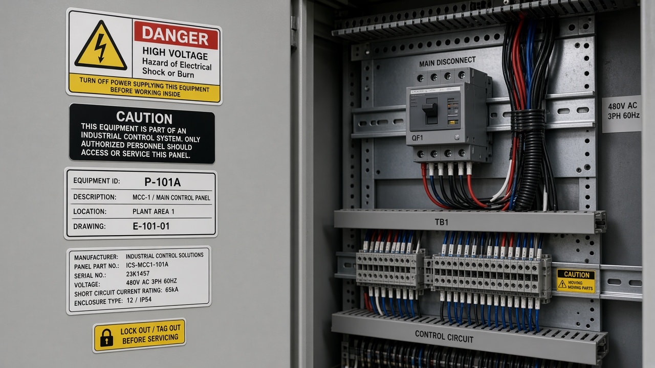 Etiquetas de seguridad e identificación en entorno industrial