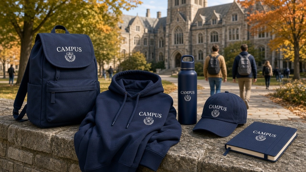 Merchandising de campus con mochila, sudadera, botella y gorra