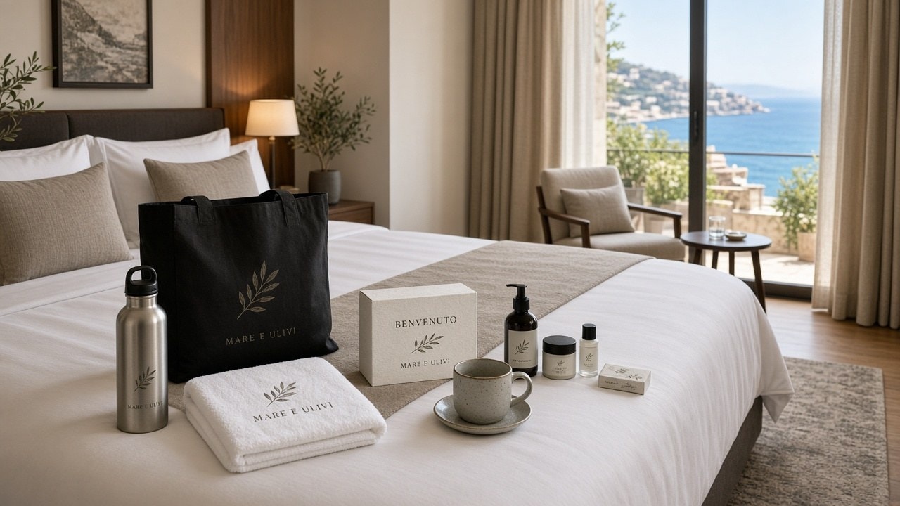 Welcome pack de hotel con tote, botella, toalla y taza
