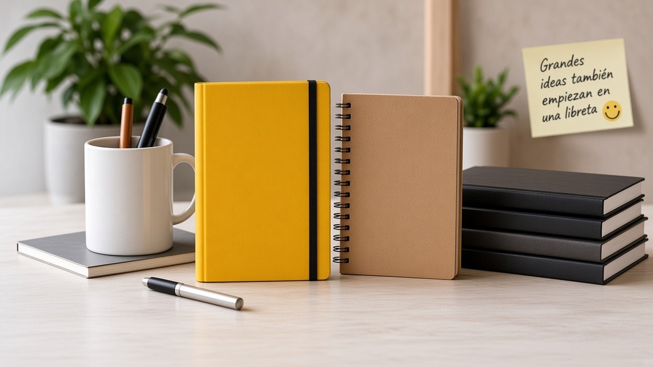 Libretas y cuadernos personalizados sobre un escritorio
