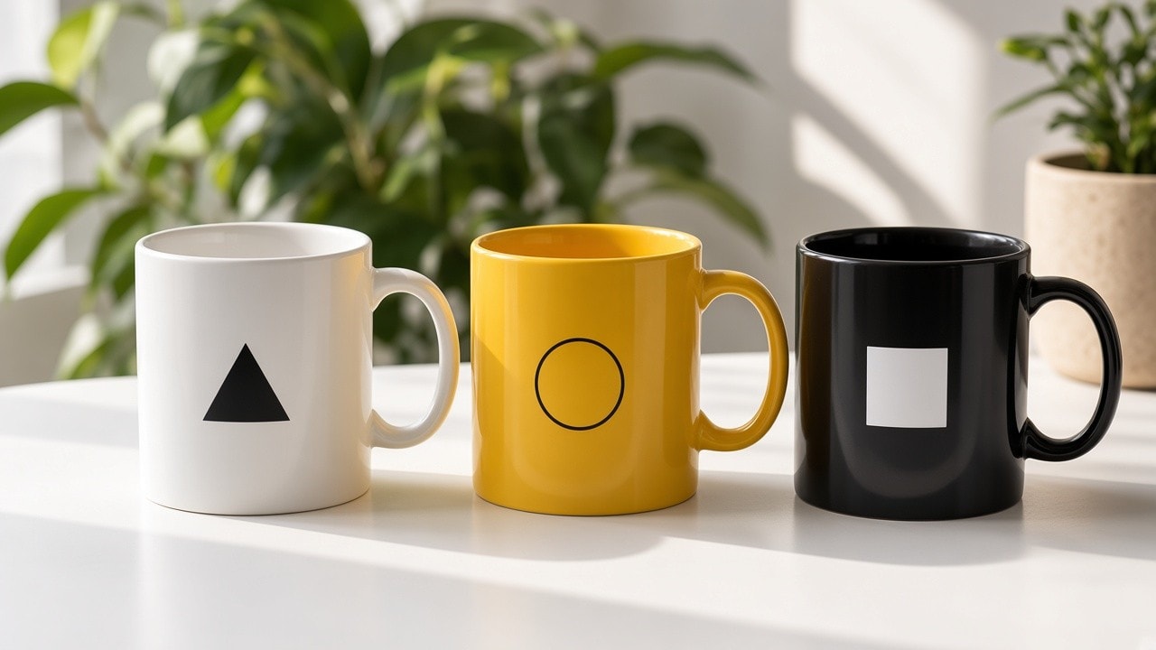 Tazas personalizadas de distintos colores sobre mesa