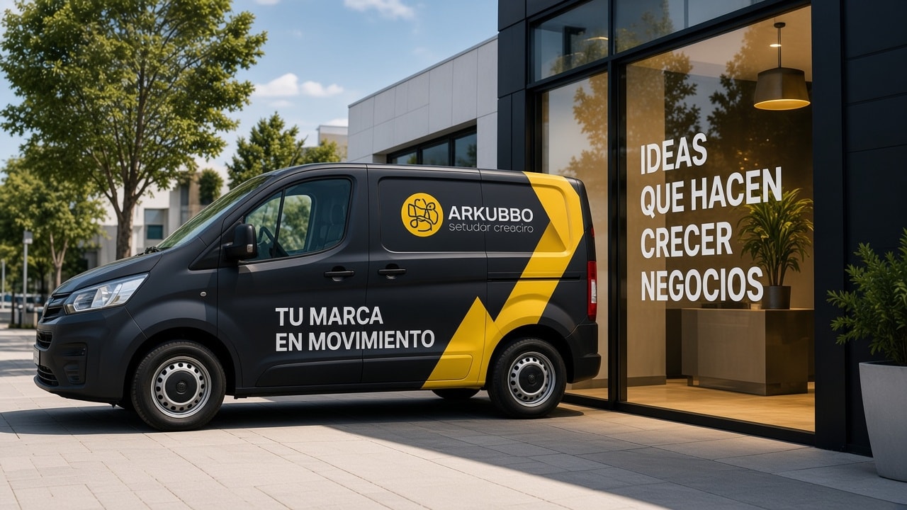 Furgoneta rotulada Arkubbo frente a un escaparate con vinilo de gran formato