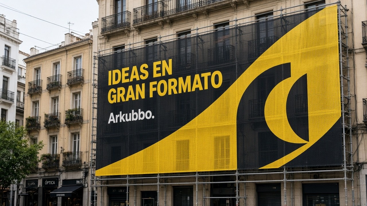 Lona de gran formato instalada en fachada urbana