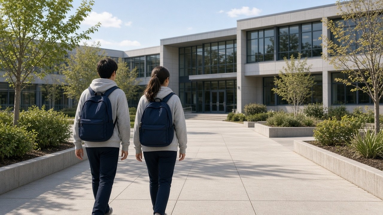 Alumnado con sudaderas y mochilas coordinadas en un campus