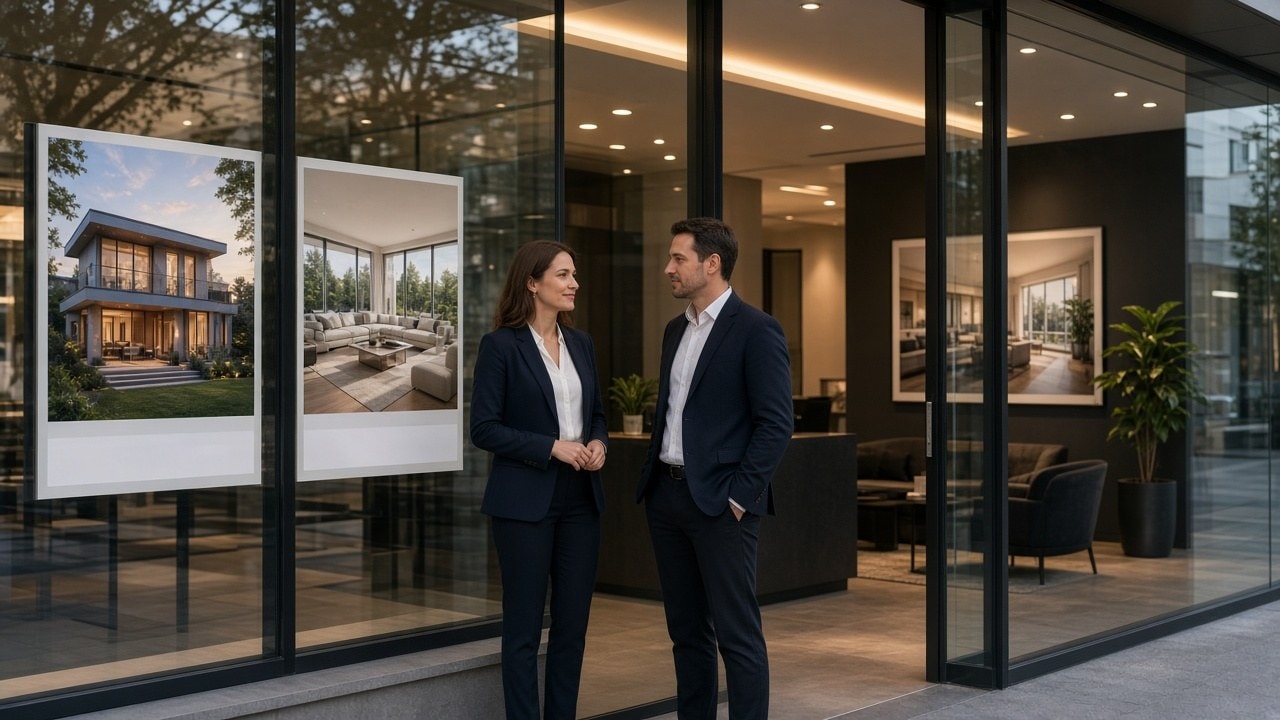 Agencia inmobiliaria con equipo comercial uniformado