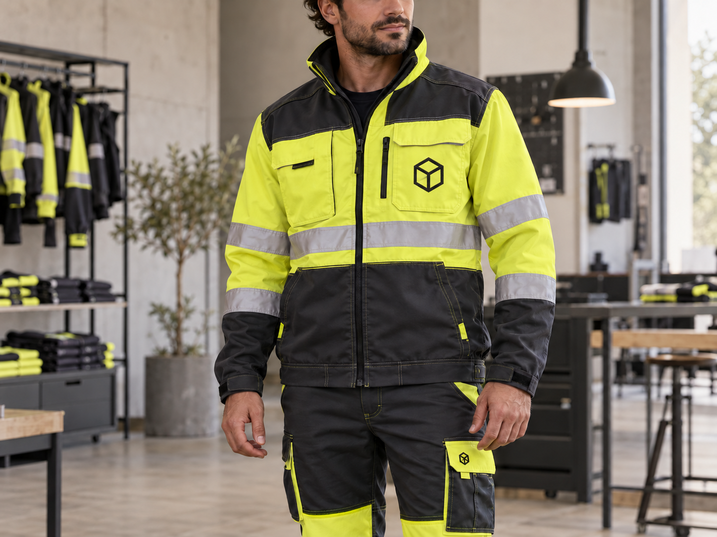 Chaqueta de alta visibilidad con marcaje discreto en pecho y bolsillo del pantalón