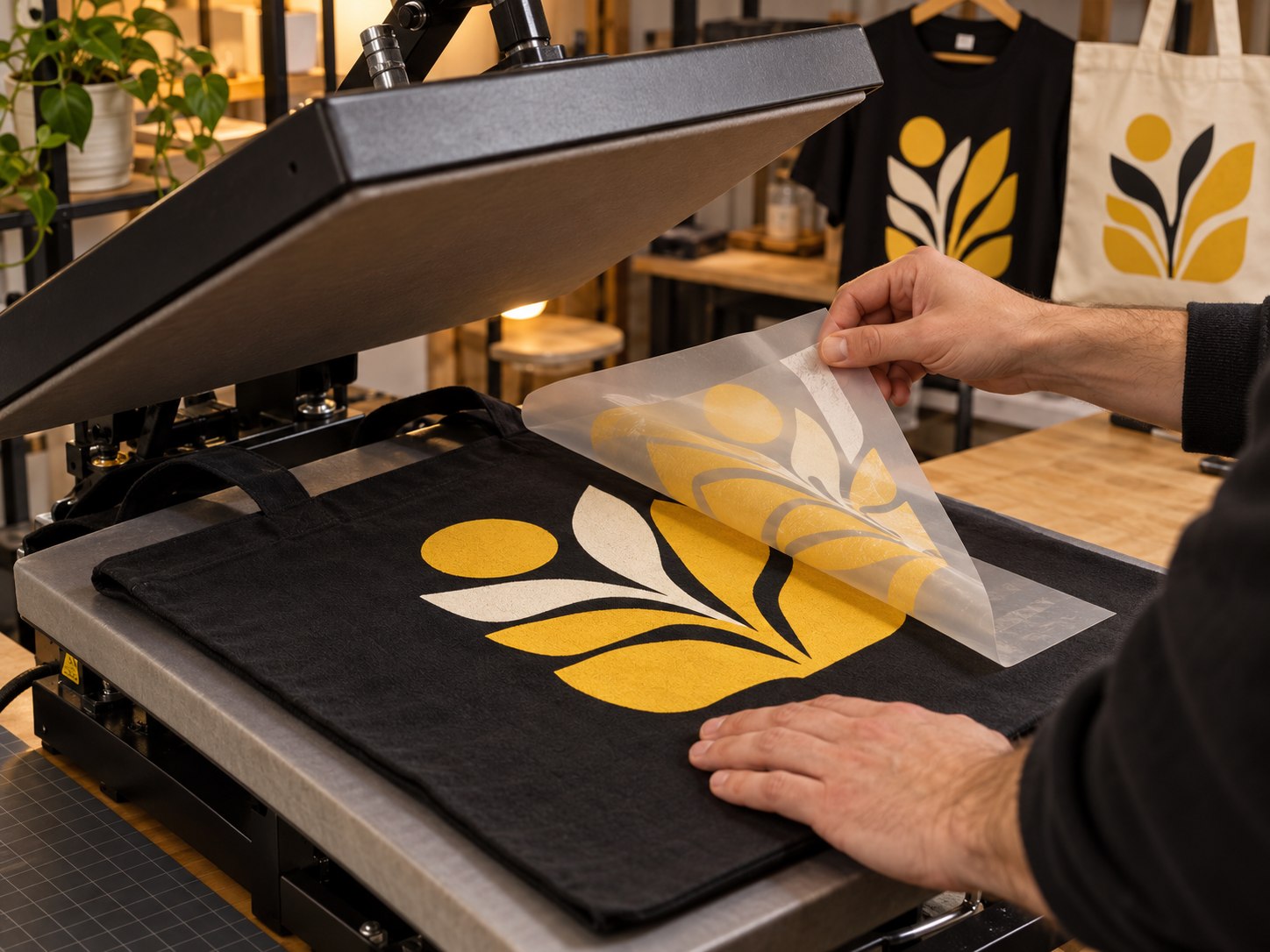 Aplicación de un diseño DTF con prensa térmica sobre una bolsa textil negra
